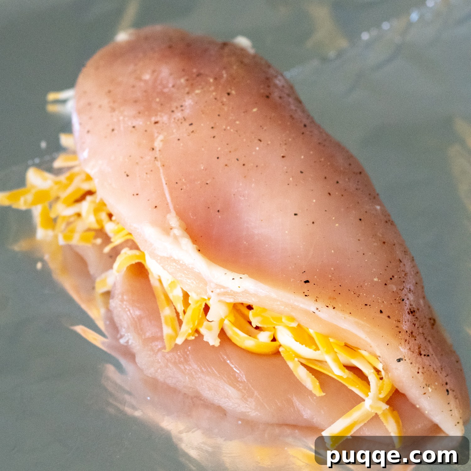 Raw chicken breast filled with shredded cheese, ready to be folded and wrapped.