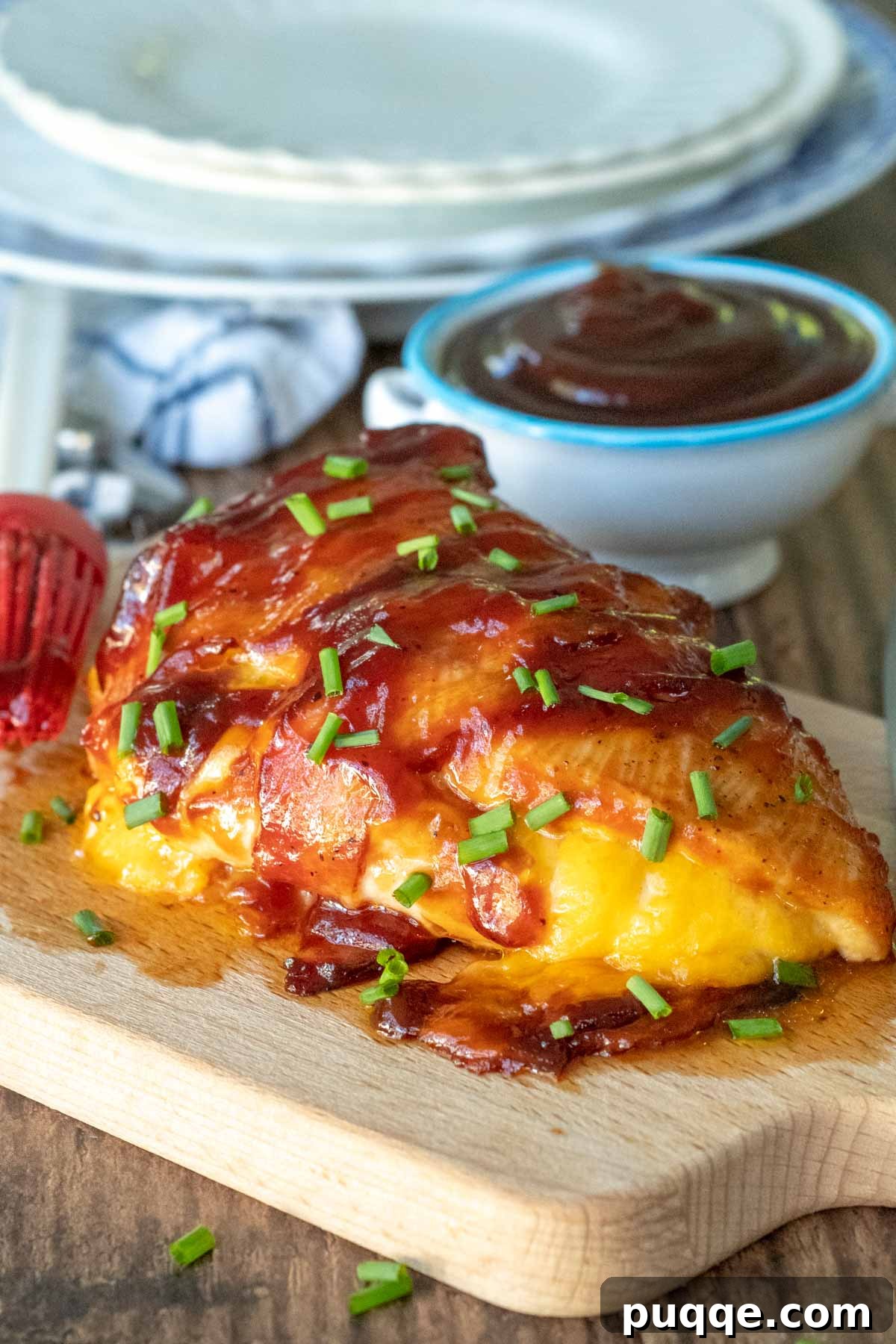 A beautifully cooked chicken breast on a wooden cutting board, stuffed with cheese and wrapped in crispy BBQ bacon.