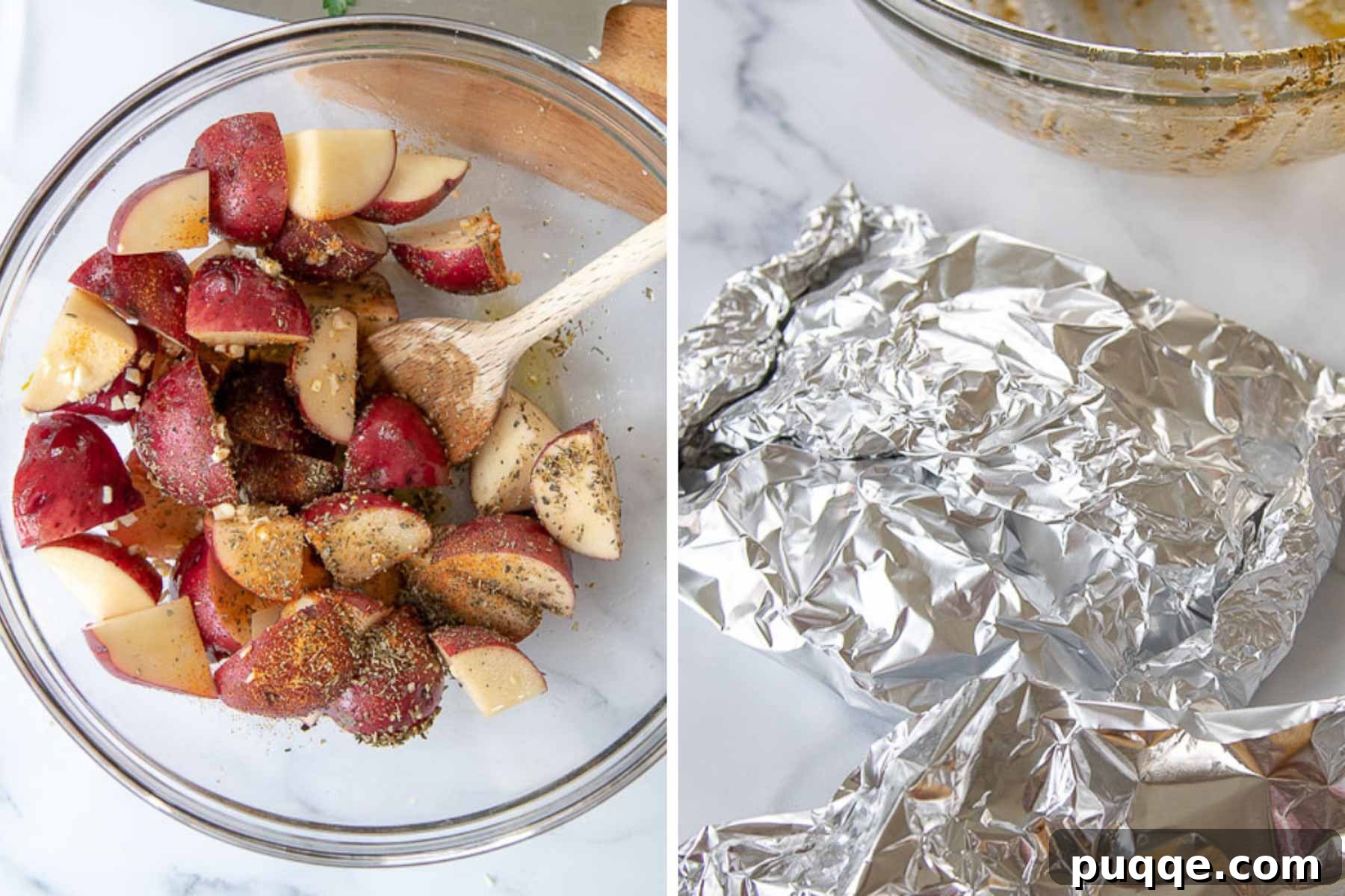 A visual guide showing how to prepare easy grilled potatoes, from chopping to seasoning and wrapping in foil.