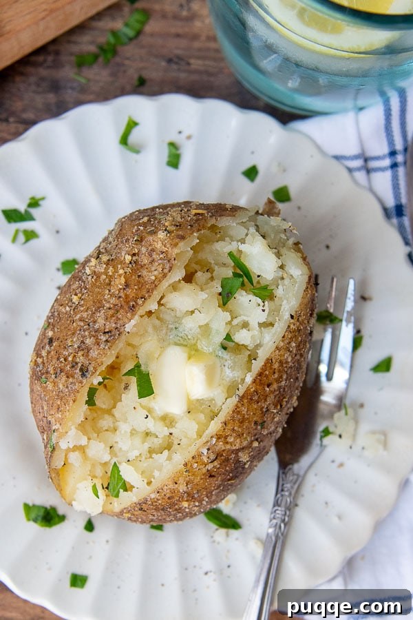 An overhead shot showcasing an Instant Pot baked potato, perfectly split open, with a pat of butter slowly melting into its fluffy interior, ready to be enjoyed.