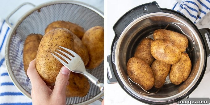 A visual step-by-step guide demonstrating the initial stages of making Instant Pot baked potatoes, including washing and pricking the potatoes, and placing them on the trivet inside the Instant Pot.