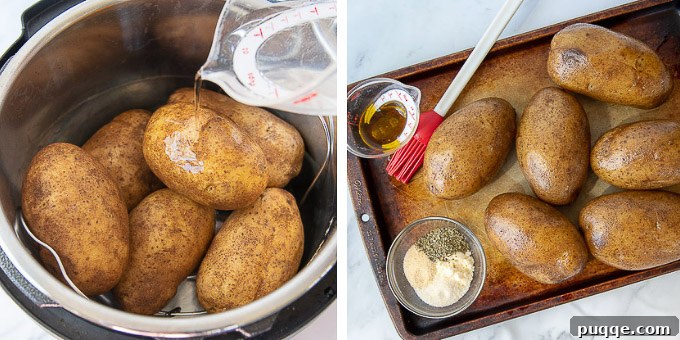 A continuation of the step-by-step photos showing the Instant Pot lid being secured and then the potatoes being removed after cooking, ready for the crispy skin treatment.