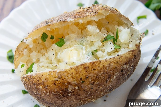 A close-up shot of a perfectly cooked baked potato with a crispy, seasoned skin, featuring a dollop of melting butter and a sprinkle of fresh parsley as garnish.