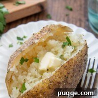 an instant pot baked potato on a white plate with a fork nearby with melting butter in the middle