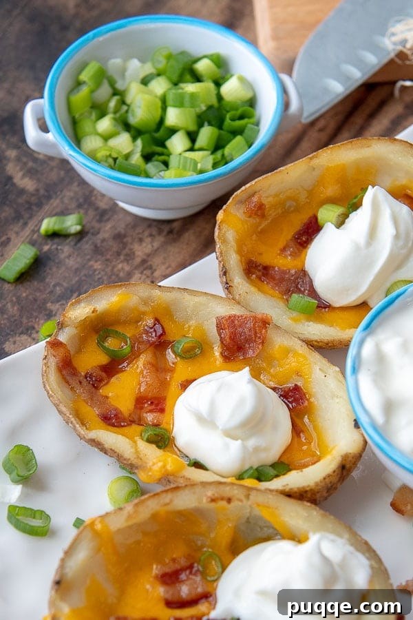 A close-up view of a perfectly golden, loaded potato skin, generously topped with a dollop of fresh sour cream and a sprinkle of vibrant green onions, ready to be enjoyed.