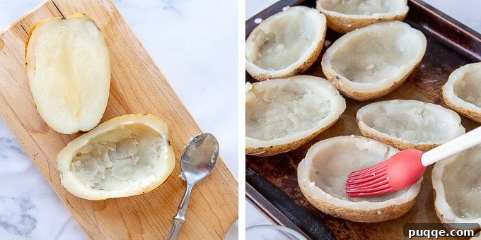 A visual guide showing how to prepare whole potatoes by washing, pricking, and baking them for the initial stage of making potato skins.