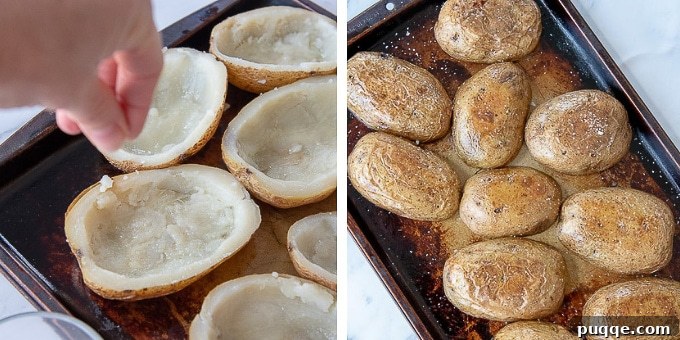 A step-by-step visual demonstration on how to expertly scoop out baked potato flesh, brush the skins with oil, season them, and prepare them for the second bake, leading to perfectly crispy potato skins.