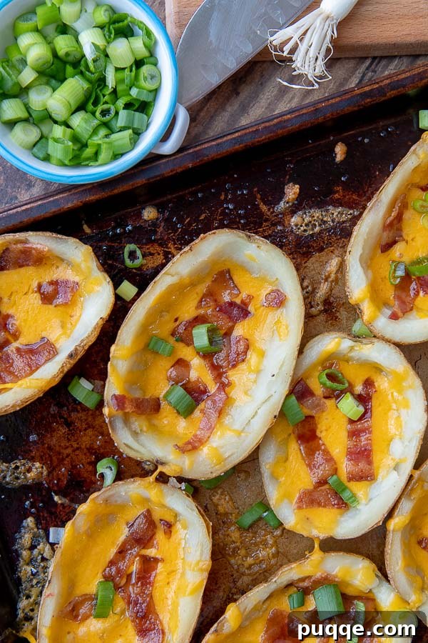 A close-up, overhead shot of multiple loaded potato skins arranged on a baking sheet, generously sprinkled with vibrant green onions, emphasizing their fresh and appetizing appeal.