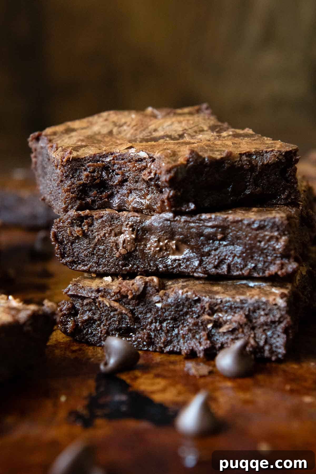 Perfectly Fudgy Gluten-Free Brownies with Crackly Tops 2 A stack of rich, fudgy gluten-free brownies with a bite taken out of the top one, showcasing their gooey interior and crackly crust.