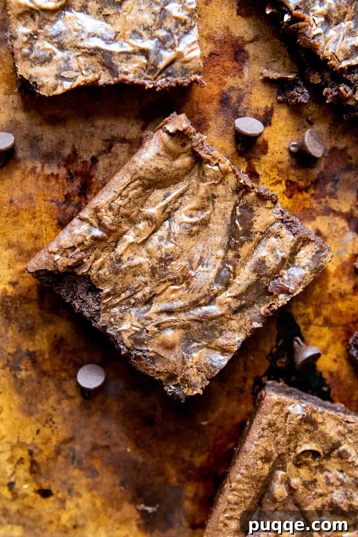 Perfectly Fudgy Gluten-Free Brownies with Crackly Tops 3 Top-down view of freshly baked gluten-free brownies arranged on a rustic brown cutting board, ready for serving.