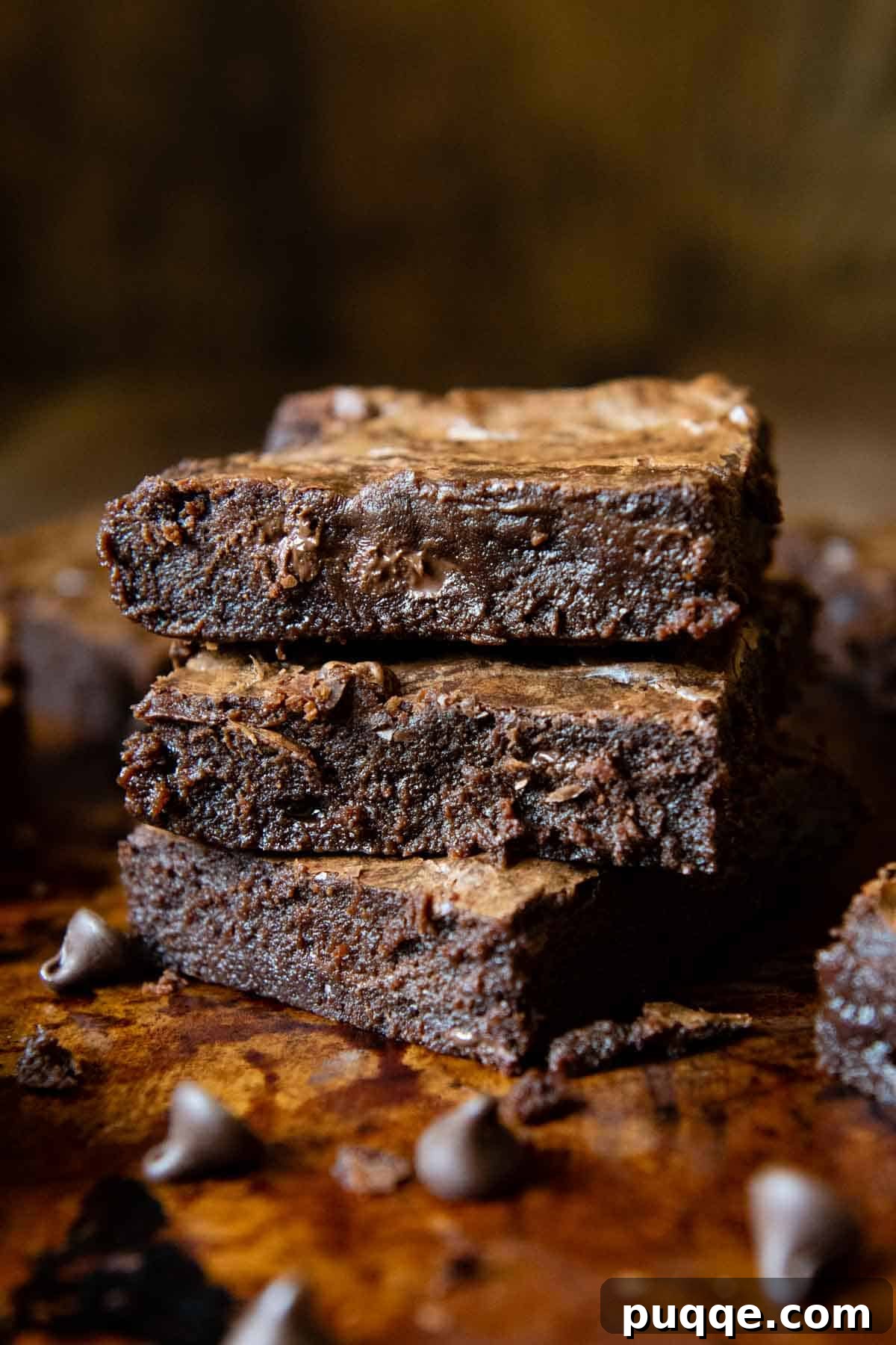 Perfectly Fudgy Gluten-Free Brownies with Crackly Tops 8 A stack of perfectly baked gluten-free brownies, surrounded by loose chocolate chips, emphasizing their rich chocolate flavor and texture.