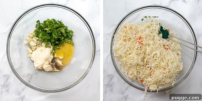 Images showing the process of making creamy blue cheese slaw for buffalo chicken tacos