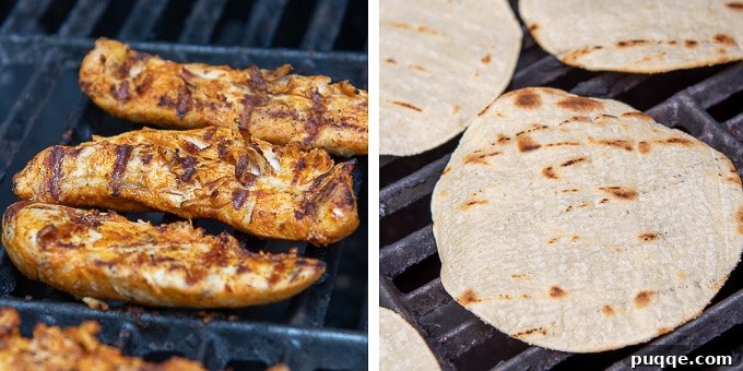 Images demonstrating how to grill chicken tenders and warm tortillas for tacos