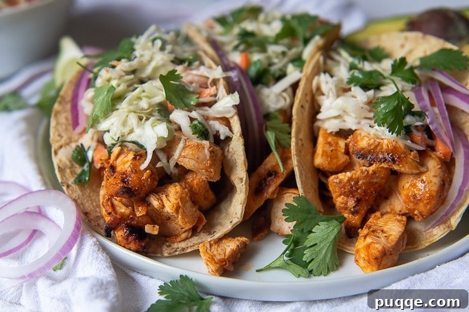 Close-up of two Buffalo Chicken Tacos on a white plate, garnished with fresh cilantro