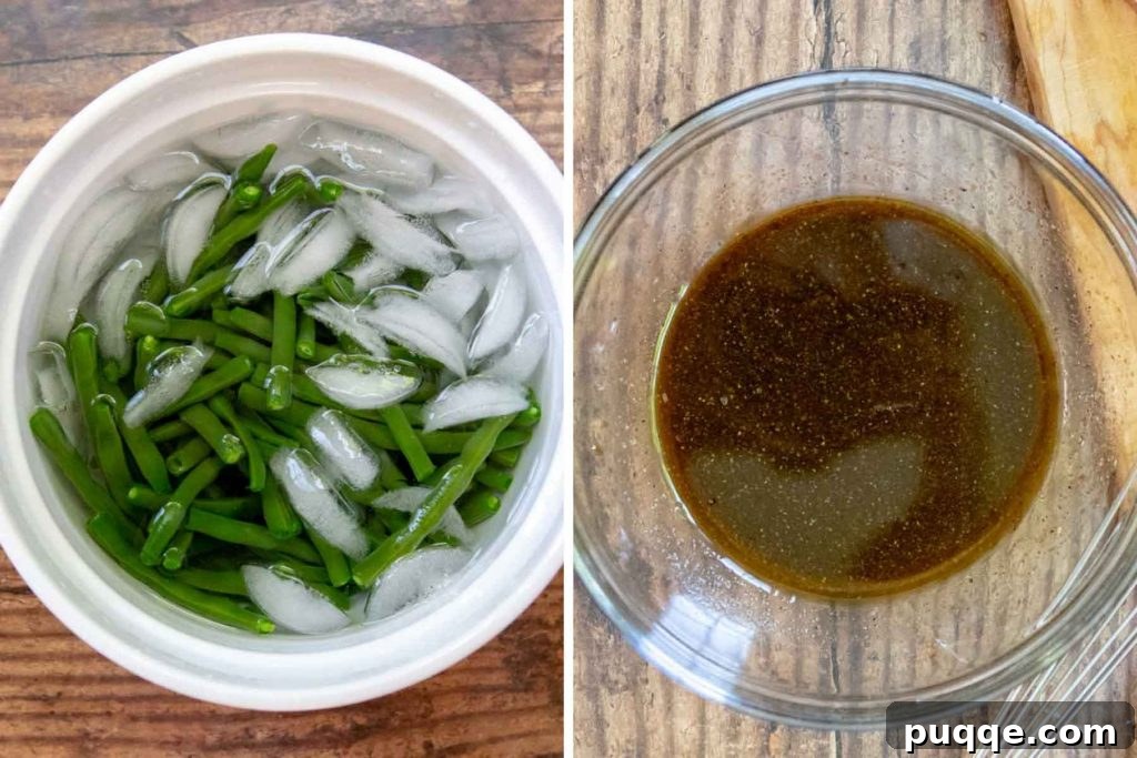 Tangy Green Bean Salad 3 images showing how to blanche beans and make dressing
