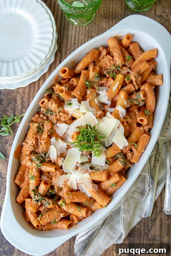 An overhead shot of an oval serving dish filled with creamy Italian Sausage Pasta, garnished with fresh herbs and a sprinkle of cheese, ready to be served.