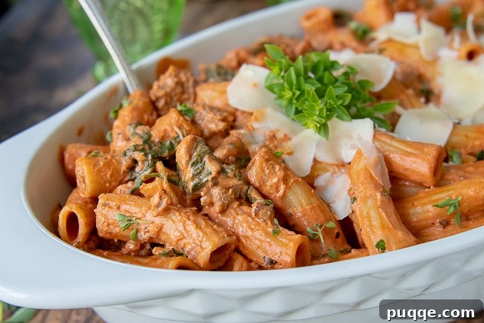 An oblong white serving dish showcases Italian Sausage Pasta, garnished with fresh parmesan and basil leaves for an appetizing presentation.