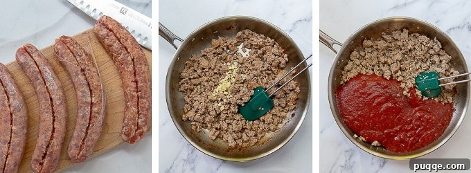 A visual guide showing how to properly cook Italian sausage for a pasta sauce, demonstrating crumbling and browning techniques.