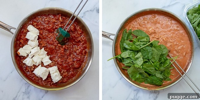 A sequence of images detailing the steps to make creamy sausage pasta, from combining ingredients to the finished sauce.