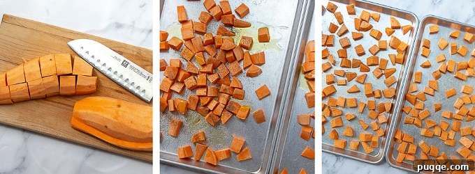 Orchard Sweet Potato Salad 3 Collage of images illustrating the process of preparing sweet potatoes: peeling and cubing them into 1-inch chunks, then spreading them in a single layer on a baking sheet before roasting.