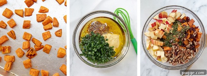 Orchard Sweet Potato Salad 4 Collage of images showing the preparation of the maple mustard vinaigrette: individual dressing ingredients like olive oil, maple syrup, and mustards, followed by whisking them together in a bowl.