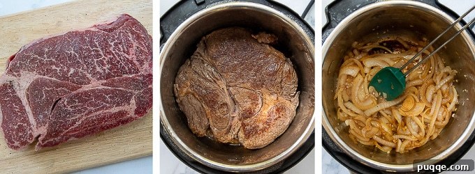 Step-by-step images illustrating the process of making Instant Pot French Dip, from searing to sautéing onions