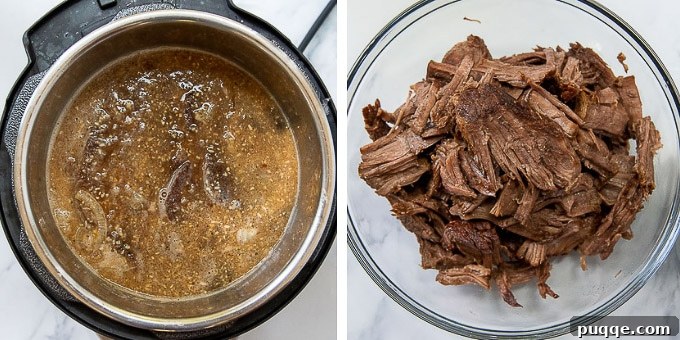 Further images showing how to prepare French Dip in the Instant Pot, including adding liquids and pressure cooking