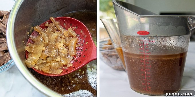 Images demonstrating the steps to make au jus for French Dip, including skimming fat