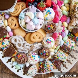 a close up on how the cookies and sweets are arranged on the dessert platter