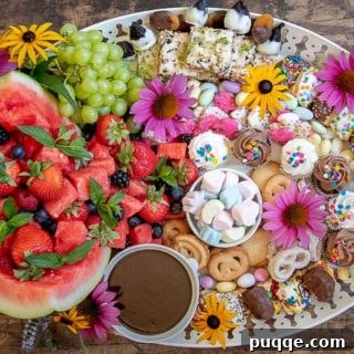 a completed dessert platter with flowers decorating it