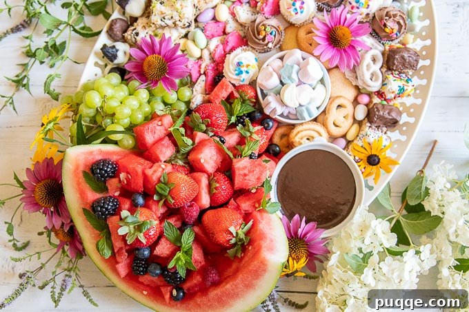 A beautifully completed dessert charcuterie board, elegantly arranged with various sweets and fruits, with fresh flowers carefully placed alongside for decorative enhancement.