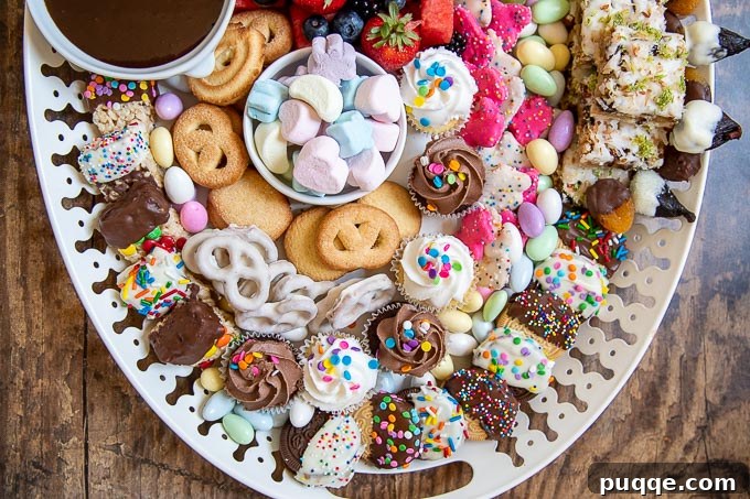A close-up of the dessert platter showcasing the artful arrangement of cookies and sweets in empty spaces, grouped in piles and fanned out in curved lines.