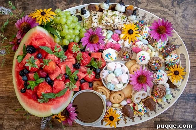 The final step: a completed dessert platter adorned with fresh flowers, adding a delicate decorative touch to the abundant sweet spread.