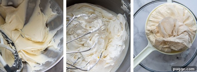 Silky Coeur a la Creme with Vibrant Strawberries 3 A series of images demonstrating the key steps to making Coeur à la Crème, from mixing to molding.