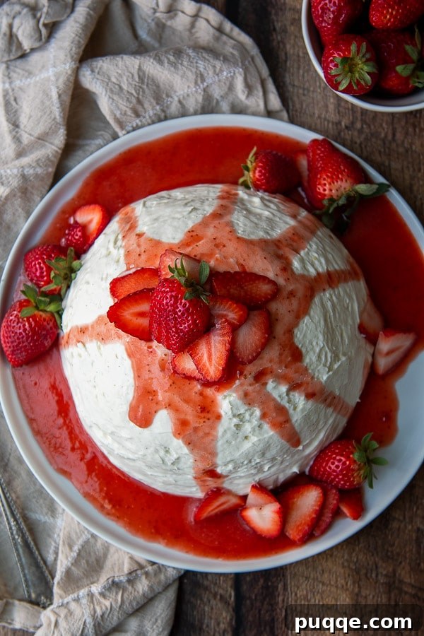 Silky Coeur a la Creme with Vibrant Strawberries 5 An overhead shot showcasing a heart-shaped Coeur à la Crème generously topped with strawberry sauce and surrounded by fresh strawberries, ready for serving.