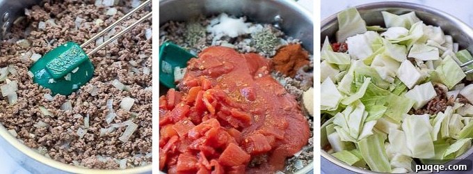 Collage showing three simple steps to prepare unstuffed cabbage rolls in a large skillet: browning meat, simmering with sauce, and thickening.