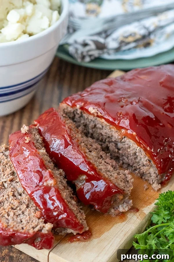 Sliced meatloaf on a wooden board with a bowl of creamy mashed potatoes in the background, steam rising.