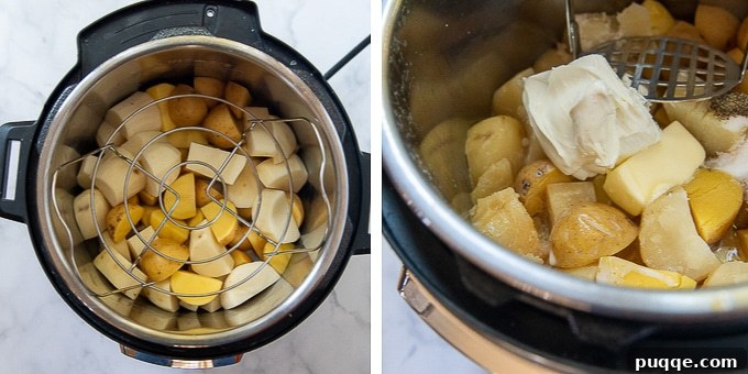 Collage of images showing how to prepare mashed potatoes in the pressure cooker alongside meatloaf.