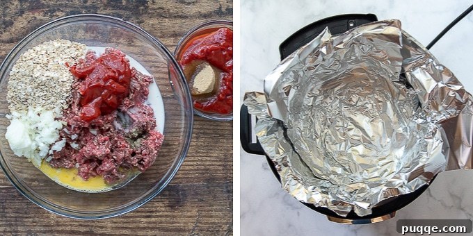 Sequential images showing the steps to prepare pressure cooker meatloaf: mixing ingredients, shaping, and adding glaze.