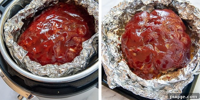 Two images demonstrating how to place shaped meatloaf in the pressure cooker on foil-lined trivet.