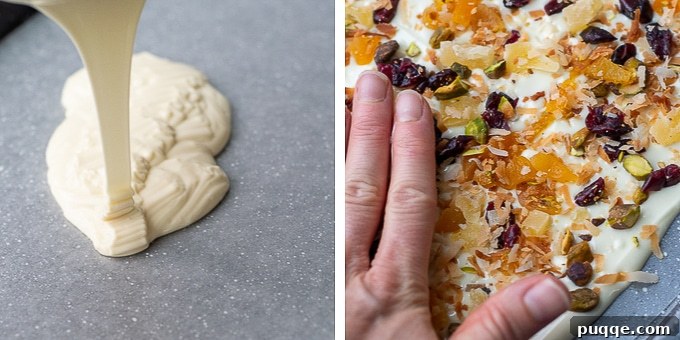 A series of four images illustrating the step-by-step process of making white chocolate bark, from melting chocolate to adding toppings and setting.