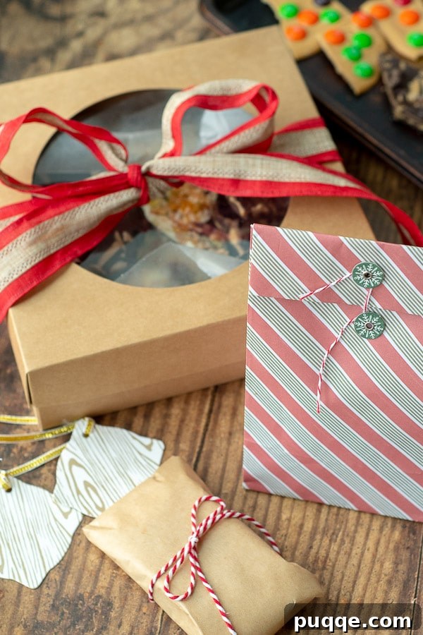 A series of images demonstrating various creative ways to wrap white chocolate bark as a gift, highlighting different packaging options and decorative touches.