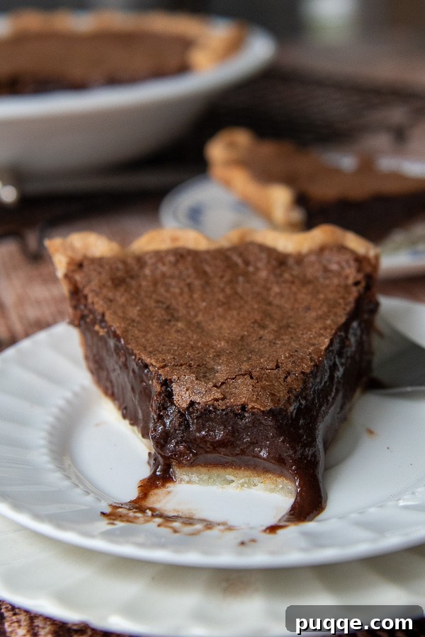 Decadent Southern Chocolate Chess Pie 7 a piece of chess pie with a bit taken out