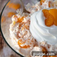Mandarin Orange Cloud Delight 8 A close-up image of the top of a mandarin orange jello fluff salad, garnished with whipped cream.