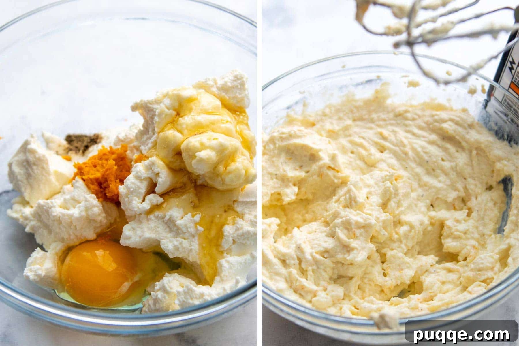 Honeyed Orange Ricotta Bake 4 Step-by-step images showing how to prepare baked ricotta, from mixing ingredients to scooping into a baking dish.