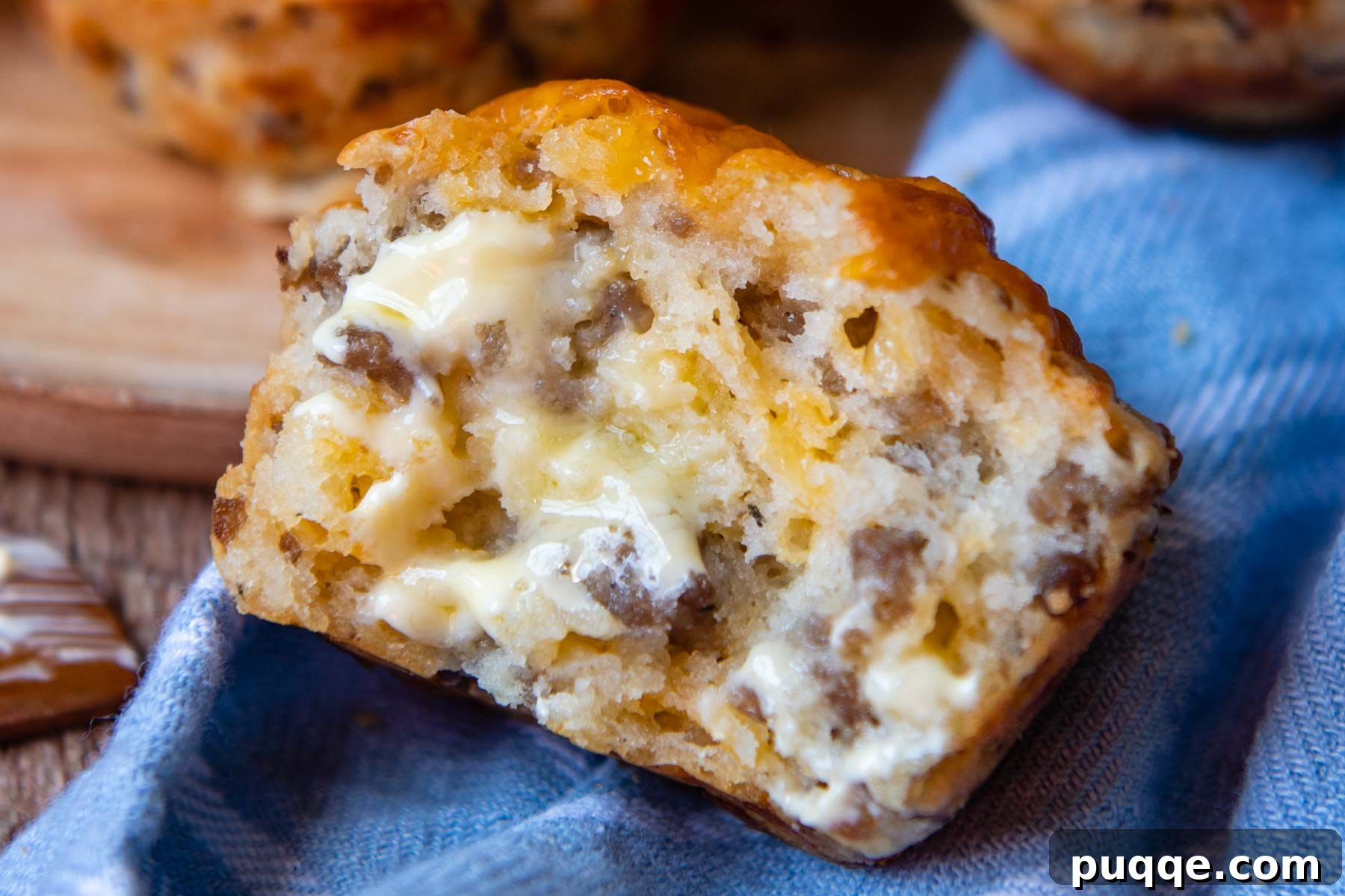 Sausage Cheddar Muffins 8 Close-up shot of the inside of a warm, freshly baked sausage muffin, showing melted cheese and tender crumbs, with a hint of butter.
