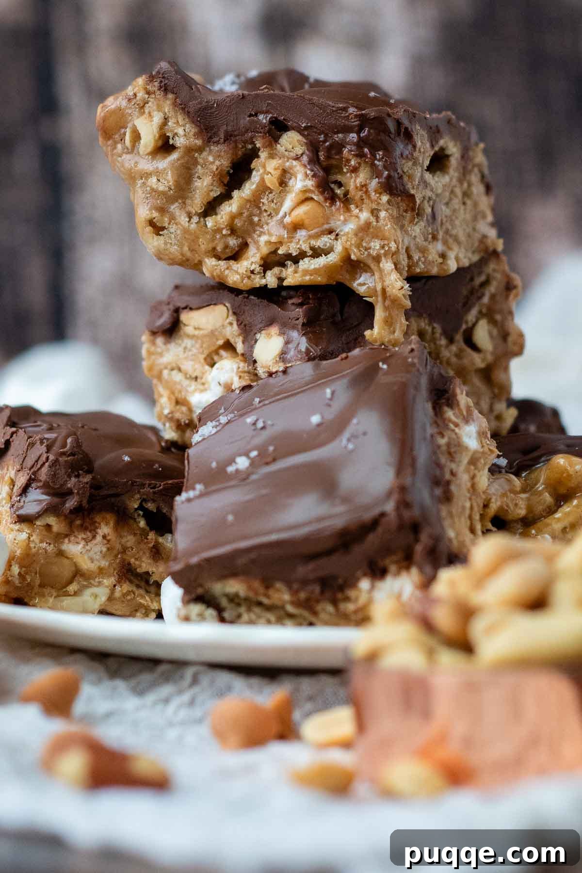 A beautifully arranged stack of three gooey Scotcheroos bars on a white plate, surrounded by scattered roasted peanuts, highlighting their irresistible texture and rich topping.