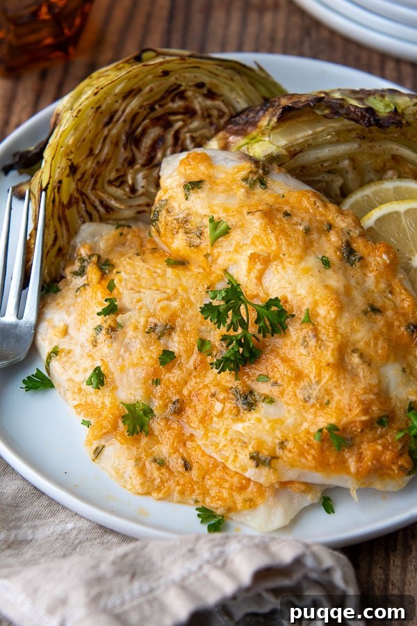 parmesan tilapia on a white plate with fork resting nearby