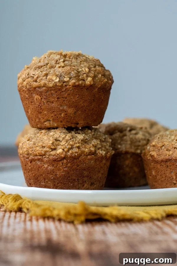 Wholesome Applesauce Oat Muffins 2 A stack of two golden-brown applesauce oatmeal muffins on a white plate, showcasing their moist texture.