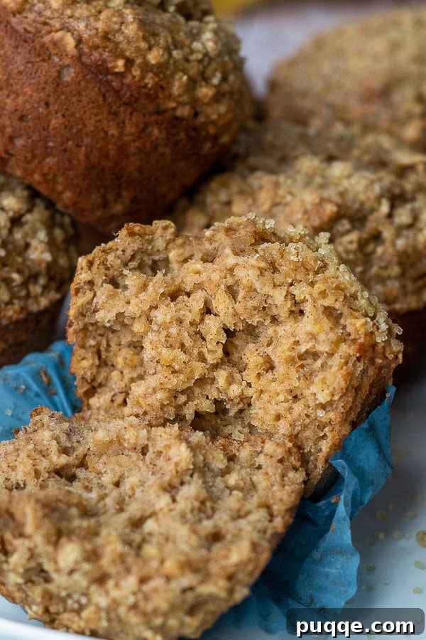 Wholesome Applesauce Oat Muffins 7 An applesauce oatmeal muffin broken open, revealing its moist crumb, with other muffins in the background.